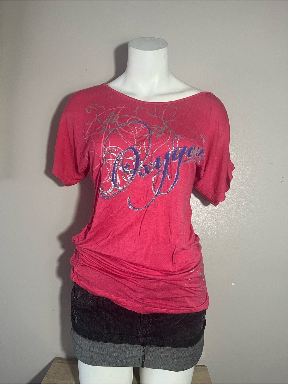 Bright Pink Oxygen' Embellished Short-Sleeve Women's Top